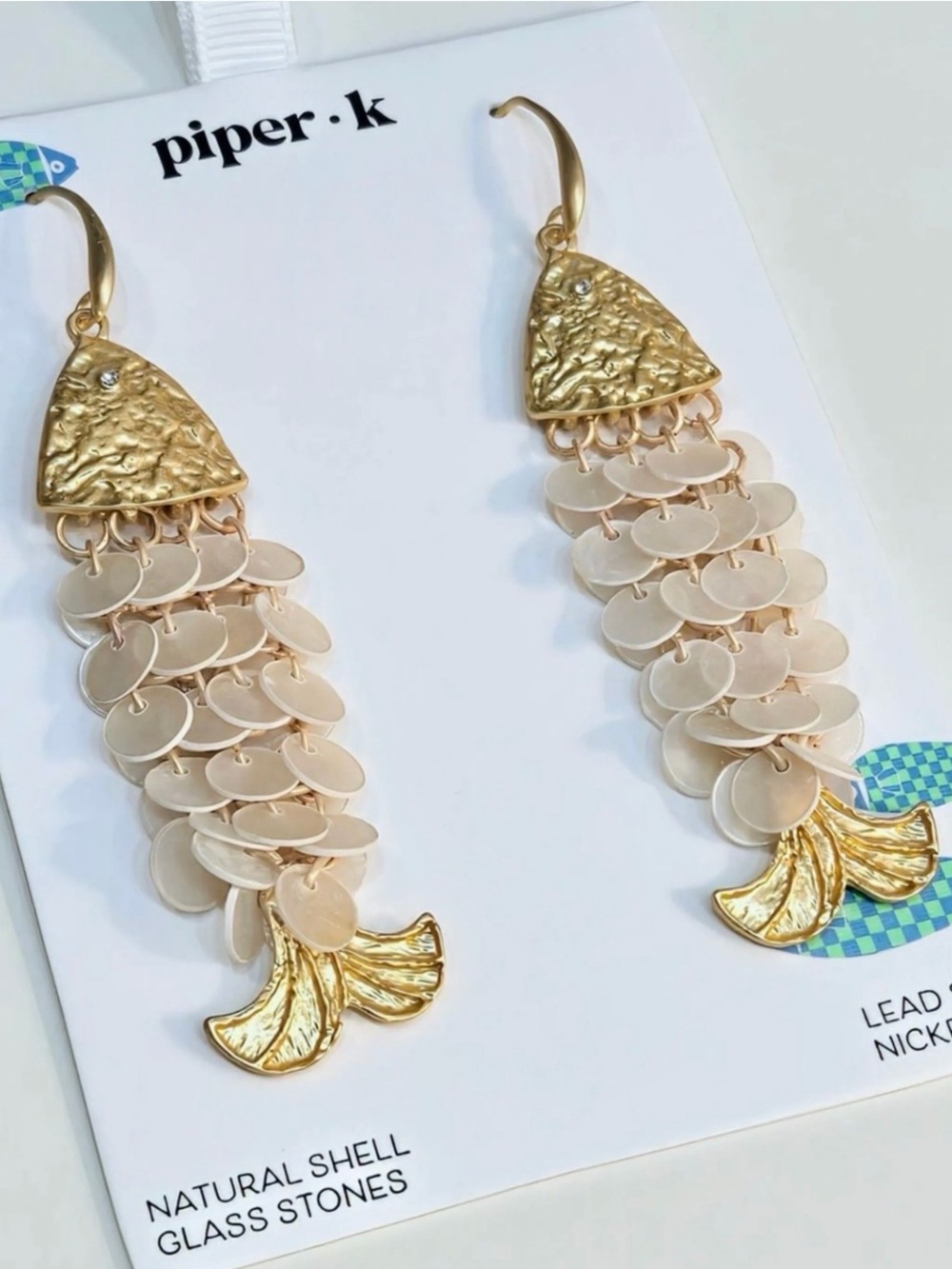 Piper Gold and Cream Fish Shell Dangle Earrings